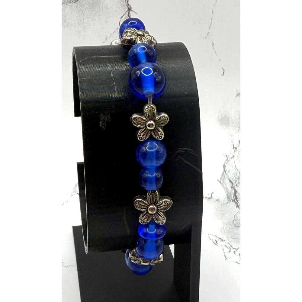 Cobalt Blue Glass Bead Stretch Bracelet Silver Flower Spacer Beads 7.75"
